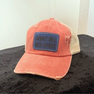 New women’s hat- orange distressed hat with cream mesh back